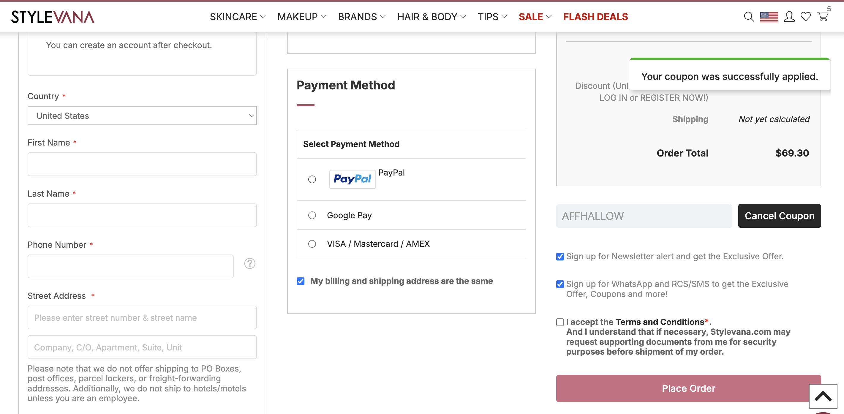 The code AFFHALLOW on sale items from the landing page